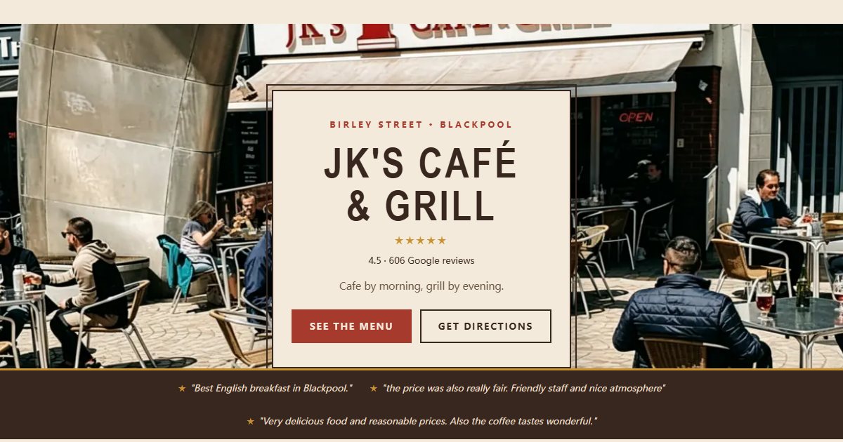 First screen of the JK's Cafe and Grill concept website