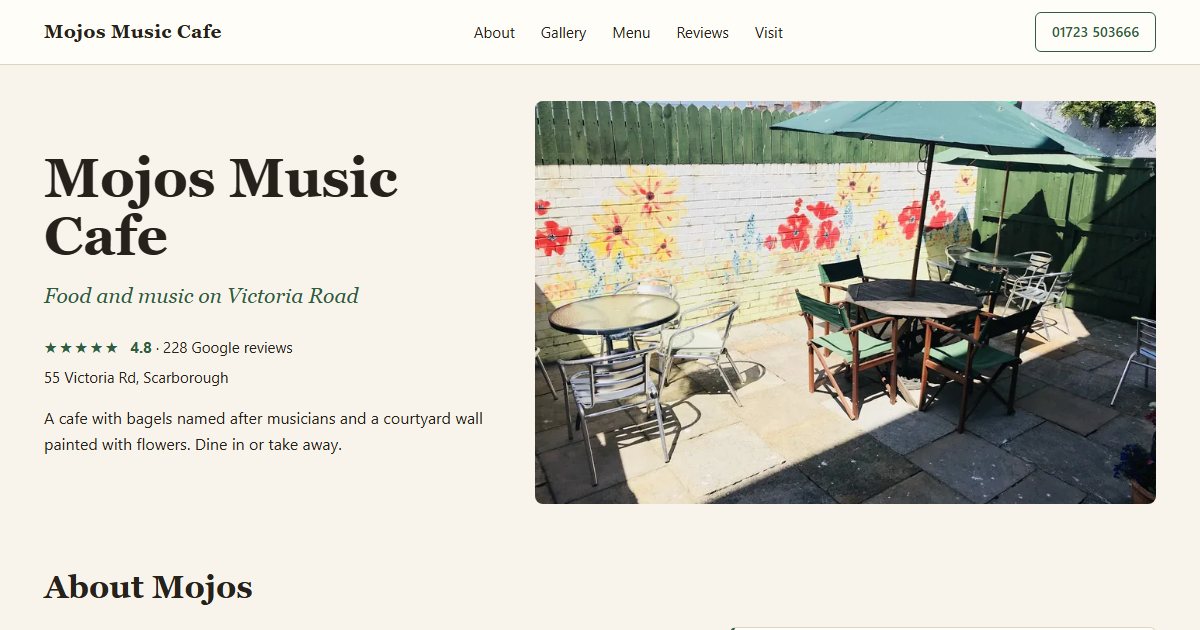 First screen of the Mojos Music Cafe concept website